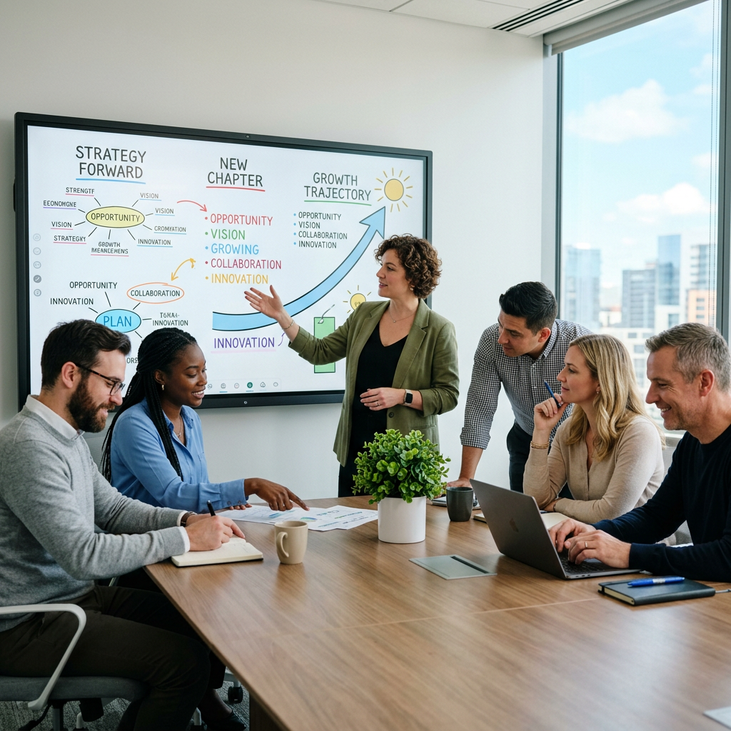 Group of five coworkers discussing business strategy with charts on screen